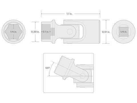 Quarter Inch Drive Universal Joint Socket With 6 Point Shallow Opening For Maximum Hex Fastener Contact And A Smooth 55 Degree Rotating Pivot Great For Tight Spaces And Tough Jobs, 1/4 in.