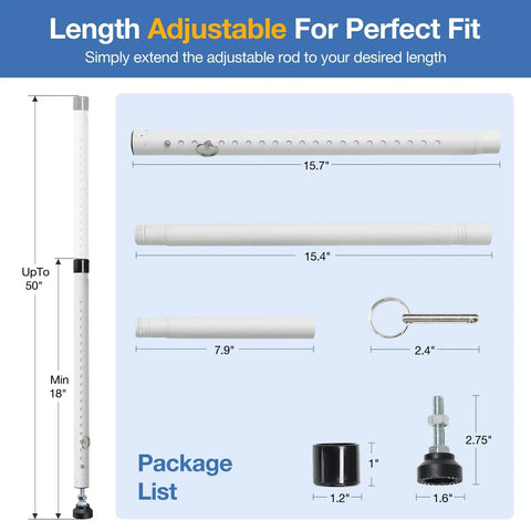 Diagram showing components of the Three Pack Sliding Door Security Bar Kit 18 To 50 Inch Adjustable Steel Door Jammer With Rubber Tips