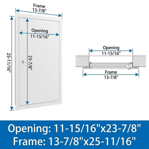 Heavy Duty Aluminum Access Panel Featuring A Slick Flush Concealed Hinge And Dead Nuts Tight Screw Mount For Drywall Ceilings Utility Shafts And Tile Wall Openings dimensions showing opening and frame measurements.