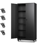 Durable Metal Garage Storage Cabinets With Locking Door And Adjustable Shelves Black 75 Inch Tall with caster wheels