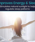 Person stretching in sunlight with Sun Light Therapy Lamp 10000 Lux UV Free LED Happy Light For Vitamin D Boost Seasonal Disorder Relief.