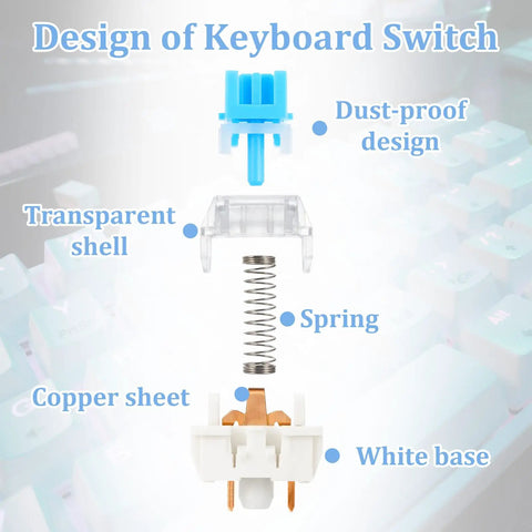 Blue 3 Pin Clicky Mechanical Keyboard Switches Set, 50 Pcs With Switch Puller, Waterproof, transparent shell, spring and copper sheet