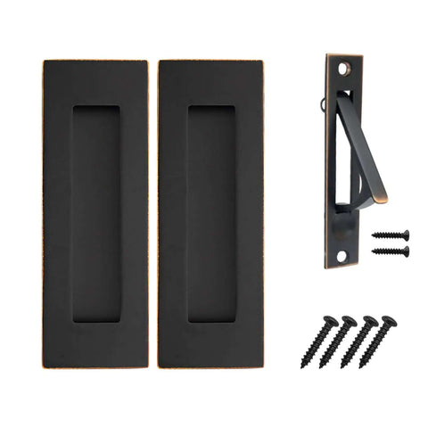 Oil Rubbed Bronze Pocket Door Pull And Edge Pull Set with 6 inch recessed finger flush handles, stainless steel hardware, screws included.