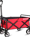 Versatile Collapsible Folding Wagon Cart Heavy Duty Utility Wagon With All Terrain Wheels For Camping Beach Garden Tailgate Outdoor Sports And Easy Storage Red Built For Haul And Go Adventure, showing red fabric and handle.