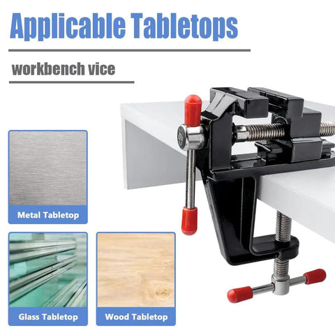 Mini Tabletop Vise Clamp On For Jewelry Making And Watch Repair, Portable Aluminum Alloy Bench Vise with Walnut Finish shown on table edge