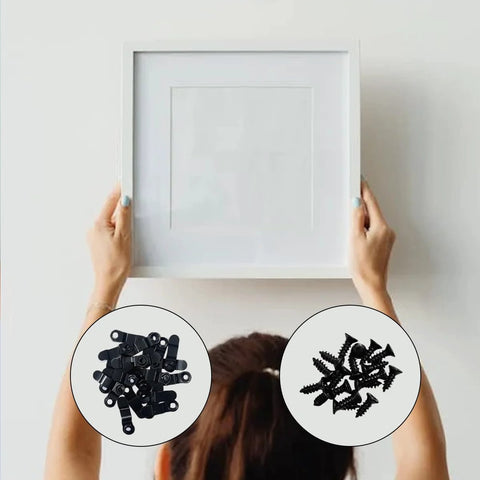 Picture frame hardware: front view of white square frame held by hands; 100 black turn-button fasteners and screws.