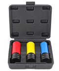 3-Piece 1/2-Inch Drive Deep Impact Socket Kit With 17 19 And 21mm Hex Bits For Auto Repair That Keeps You Moving Fast In The Shop Or On The Road Without Breaking The Bank. open case with Cr-Mo 17, 19, 21mm sockets