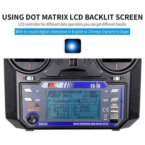 Flysky FS-i6 6CH 2.4GHz AFHDS 2A RC Transmitter With FS-iA6B Receiver showing LCD backlit screen display