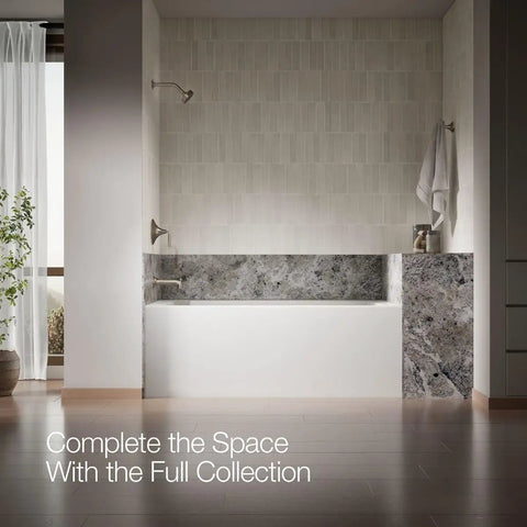 Modern bathroom with Tone Wall-Mount Bath Spout With Diverter In Vibrant Brushed Nickel Finish, 6-9/16 Inch Reach, Slip-Fit Connection
