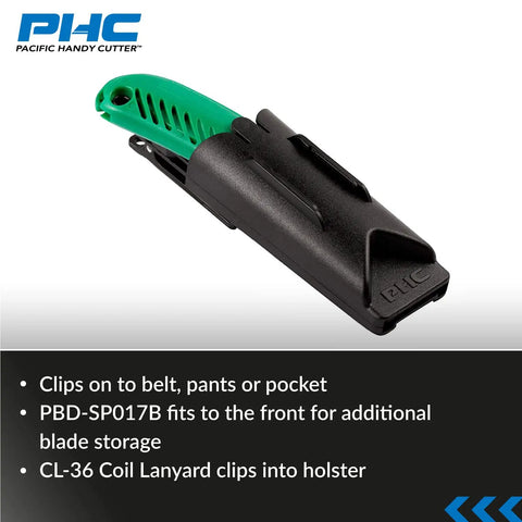 Swivel Holster For Box Cutters And Utility Knives With Automatic Blade Retraction fits S5 S4 and S4S clips on belt shown