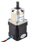 Front view of NEMA 17 stepper motor with silver planetary gearbox, black housing, four-wire connector.