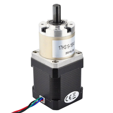 Front view of NEMA 17 stepper motor with silver planetary gearbox, black housing, four-wire connector.