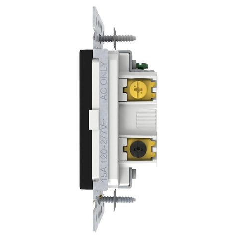 Side view of 3 Way Rocker Light Switch, Single Pole 1 Gang Matte Black, 15A 120/277V UL Listed, Modular Design for Easy Color Upgrades, Sleek Wall Switch With Snap Plate Swap and Durable Construction with mounting screws