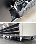 Heavy Duty Commercial Freezer Three Glass Doors Rugged Stainless Steel Exterior Rock Solid Workhorse Featuring Nine Shelves Nsf Certified 65 Cubic Feet Frozen Storage Unit plug and wheels detail