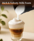 4 In 1 Milk Frother And Steamer For Hot And Cold Foam Auto Shut Off Quiet Frother Machine Barista Quality Foam pouring foam into glass