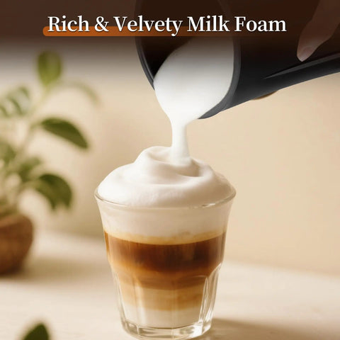 4 In 1 Milk Frother And Steamer For Hot And Cold Foam Auto Shut Off Quiet Frother Machine Barista Quality Foam pouring foam into glass