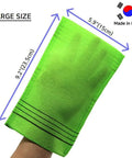 Front view: Large green exfoliating mitt for back and body, 9.2 x 5.9 inches, reusable washcloth