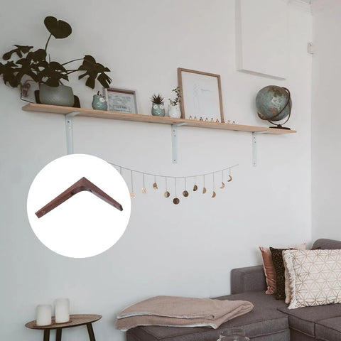 Built Like A Tank Walnut Wood Corner Shelf Brackets For Wall Mounted Displays Heavy Duty Support Braces displayed near shelf.