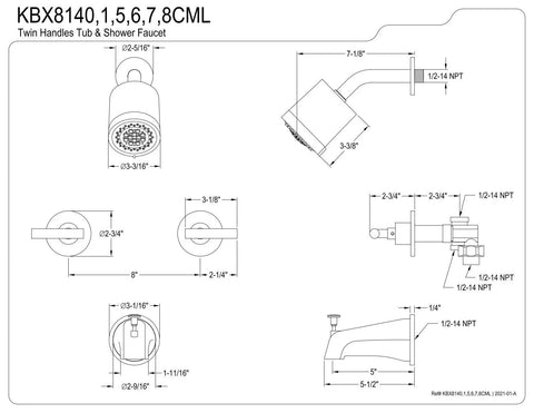 Technical drawing of Manhattan Tub And Shower Faucet in brushed nickel finish, showing dimensions and installation details.