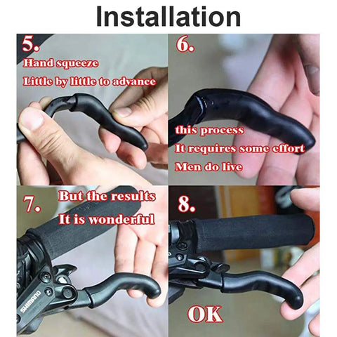 Installation of two pairs silicone gel bicycle brake lever sleeves anti slip grip covers for road and mountain bikes.