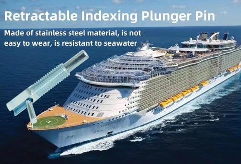 Heavy Duty Retractable Indexing Plunger Pin M10 Stainless Steel Spring Loaded Safety Latch with L Handle and ship in background.
