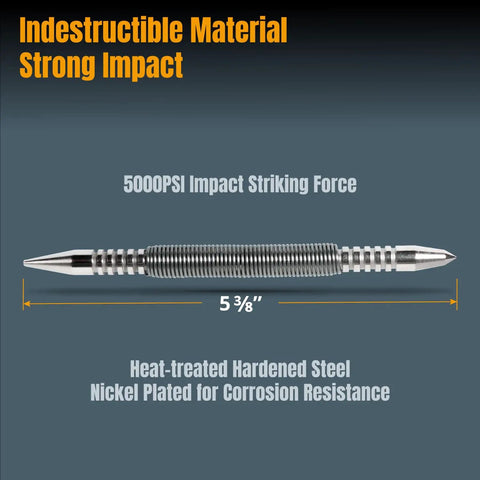 Slick Spring Loaded Dual Head Nail Setter With Center Punch For Precise Drilling And Marking Heavy Duty Hammerless Carpenter Tool 5 3/8 inch heat-treated steel construction