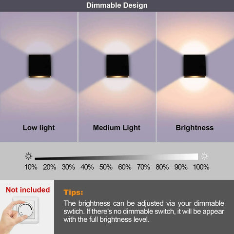 Dimmable 10W LED Indoor Wall Sconce In Black Finish showing light settings from low to high, wall mount design, energy saving accent lighting