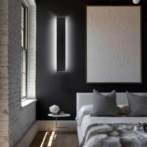 Modern Black Bathroom Vanity Light 32 Point 6 Inch 30W Up And Down Indoor Wall Fixture mounted in bedroom on black wall