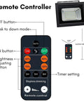 Remote controller for JUDYSSY Outdoor Remote Solar Flood Lights with brightness and timer settings, adjustable from 6-8 meters.