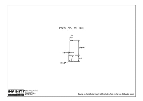Technical drawing of One Quarter Inch Shank Bowl And Tray Router Bit With Seven Sixteenth Inch Cutting Diameter One Half Inch Cutting Height