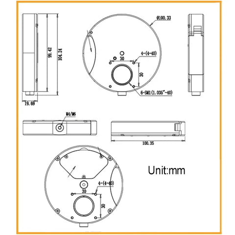 Schematics of Six Position 1 Inch Telescope Filter Wheel Made From Aluminum Alloy With Sunshade Cover for detailed dimensions.