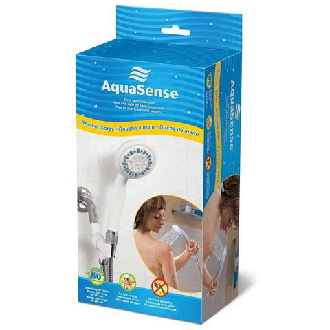 Packaging for detachable handheld shower head with hose, 3 spray settings, easy turn dial, gray finish, promotes independence.