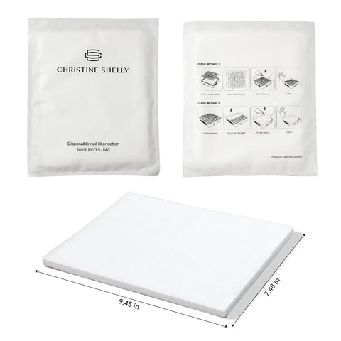 50 Pack Nail Dust Collector Filter Paper Pads For Nail Pros Lightweight PP Material Replacement Cotton Film Sheets Vacuum Dust Collector Filters 19 By 24 Cm Trim To Fit Salon Grade Nail Supply shown with product dimensions.