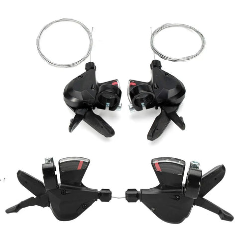 8 Speed MTB Trigger Right Shifter And Left Friction Ratcheting Thumb Shifter Pair, Aluminum and Plastic, Top View