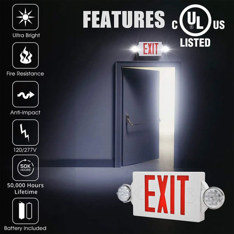 LED Exit Sign And Emergency Light Kit With Battery Backup For Business, Red Exit Light, UL Listed, product features shown