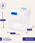 Heavy Duty Clear Plastic Storage Totes Set Of 16 31 Quart Stackable Bins With Latching And Locking Lids For Holiday Decor Linens Clothes And Crafts Plus Easy Carry Handles For Quick Organization, single view with dimensions