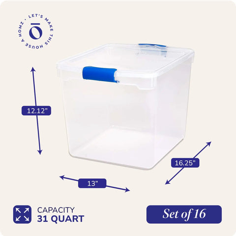 Heavy Duty Clear Plastic Storage Totes Set Of 16 31 Quart Stackable Bins With Latching And Locking Lids For Holiday Decor Linens Clothes And Crafts Plus Easy Carry Handles For Quick Organization, single view with dimensions