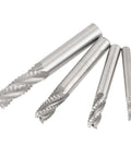 Four 4-flute HSS roughing end mills for CNC router, angled view, 4-piece set (M6, M8, M10 sizes)