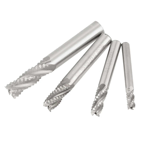 Four 4-flute HSS roughing end mills for CNC router, angled view, 4-piece set (M6, M8, M10 sizes)