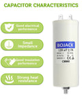 CBB60 120uF Capacitor 250V 50 60Hz Round Run Start AC Motor Capacitor With Nut And Double Insert showcasing characteristics