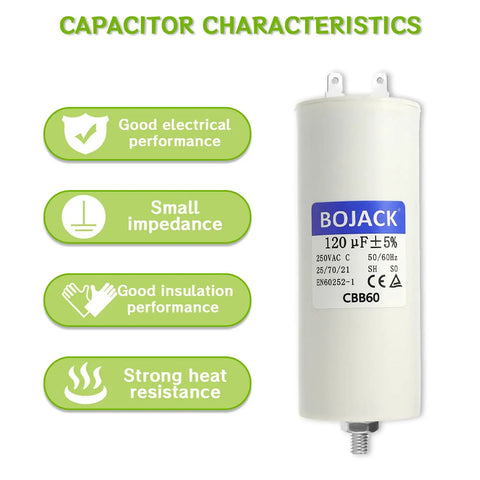 CBB60 120uF Capacitor 250V 50 60Hz Round Run Start AC Motor Capacitor With Nut And Double Insert showcasing characteristics