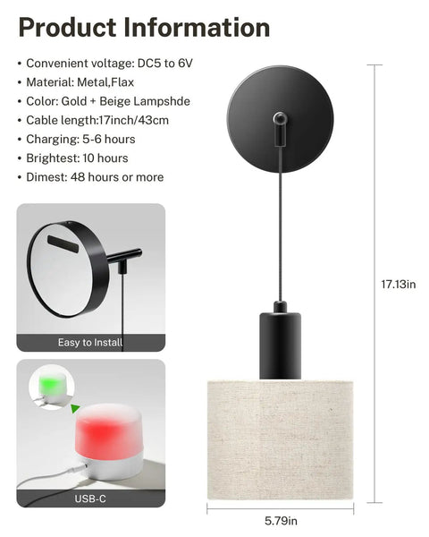 Technical details of Cordless Battery Operated Wall Sconces Set Of 2 With Remote Control, including size and materials.