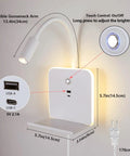 Plug-in & Hardwired LED Wall Sconce, Dimmable Wall Mount Reading Light with USB A & Type C Charging Ports, Flexible Gooseneck, Storage Shelf & Ambient Backlight, Matte White with touch controls and dimensions.