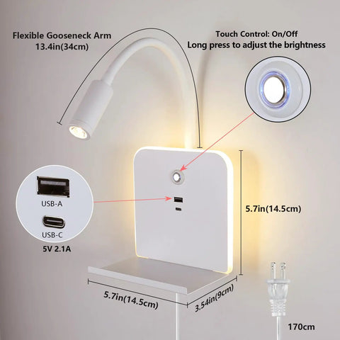 Plug-in & Hardwired LED Wall Sconce, Dimmable Wall Mount Reading Light with USB A & Type C Charging Ports, Flexible Gooseneck, Storage Shelf & Ambient Backlight, Matte White with touch controls and dimensions.