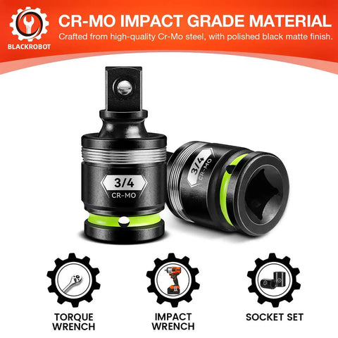 3/4 Inch Drive Universal Joint Socket Adapter Set in Cr Mo steel, featuring polished black matte finish for impact wrenches.