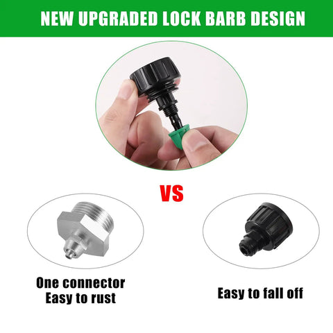 Garden Hose Adapter 3/4 To 1/4 Inch Drip Irrigation Tubing Connectors With Lock Barbed Design comparison image feature.