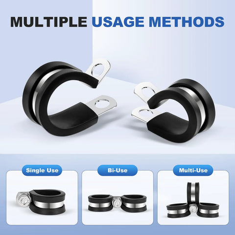 Pair of 1-inch stainless steel clamps with rubber cushions; shown front and side views for hose or wire installation.
