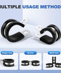 Front view of 3/4-inch stainless steel cable clamps with black rubber cushions and metal mounting lugs