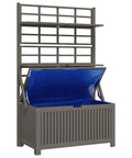 Badass Acacia Wood Outdoor Storage Chest With Built In Garden Trellis And Four Deep Compartments For Yard Gear Plus Patio Deck Essentials Tough As Nails Grey Wash Finish with open lid and blue interior.