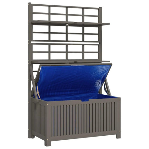 Badass Acacia Wood Outdoor Storage Chest With Built In Garden Trellis And Four Deep Compartments For Yard Gear Plus Patio Deck Essentials Tough As Nails Grey Wash Finish with open lid and blue interior.
